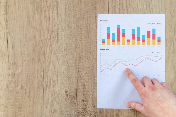 Hand analyzing business graphs on a wooden desk, focusing on data results and growth analysis.